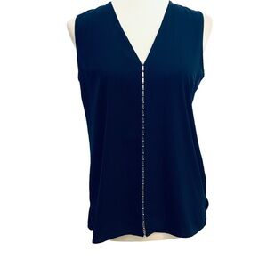 T Tahari Navy Blue Silver Beaded Sleeveless Trapeze Top Blouse Womens Sz XS